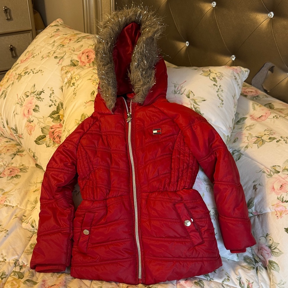 Tommy Hilfiger Red Puffer Jacket with Faux Fur Hood